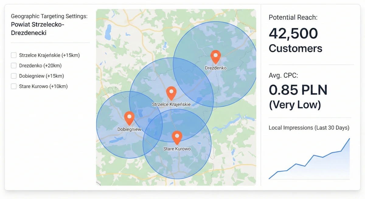 Targetowanie reklam na region Strzelec Krajeńskich - mapa zasięgu kampanii