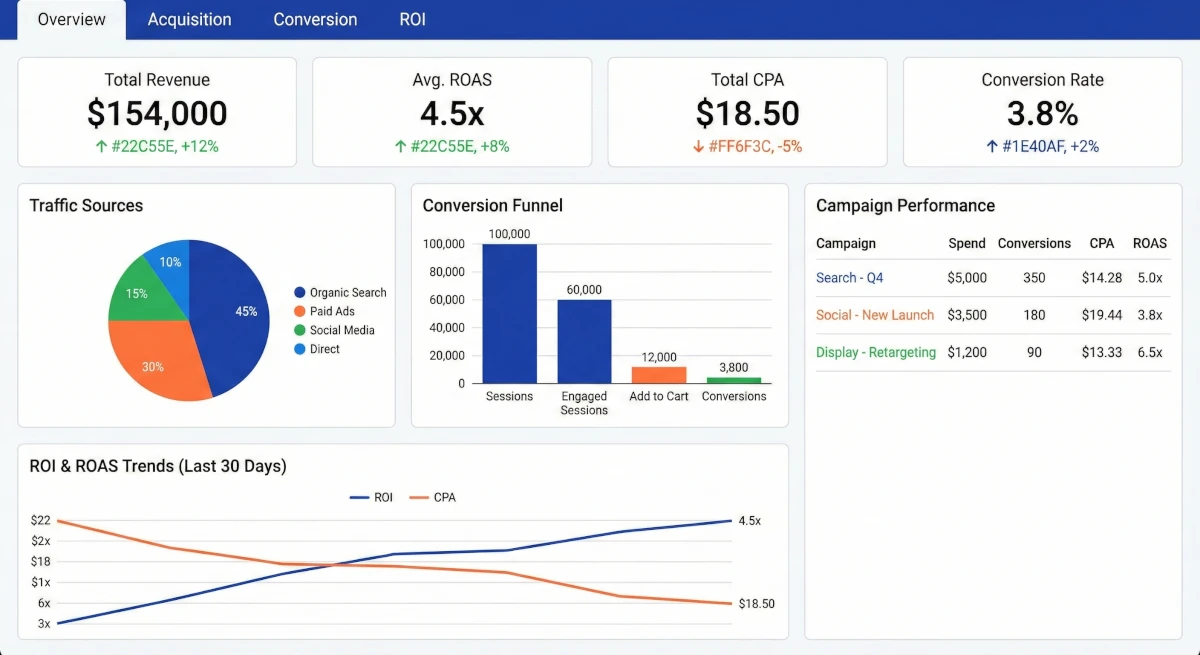 Dashboard analityki - Google Analytics 4, ROI i ROAS dla firm z Gorzowa
